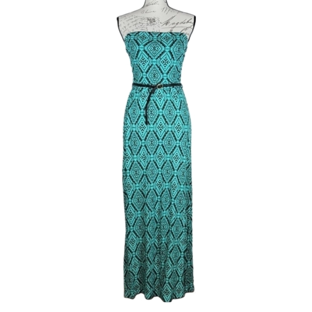 80's to 90's Belted Maxi Dress Turquoise Green + Black Geo Print